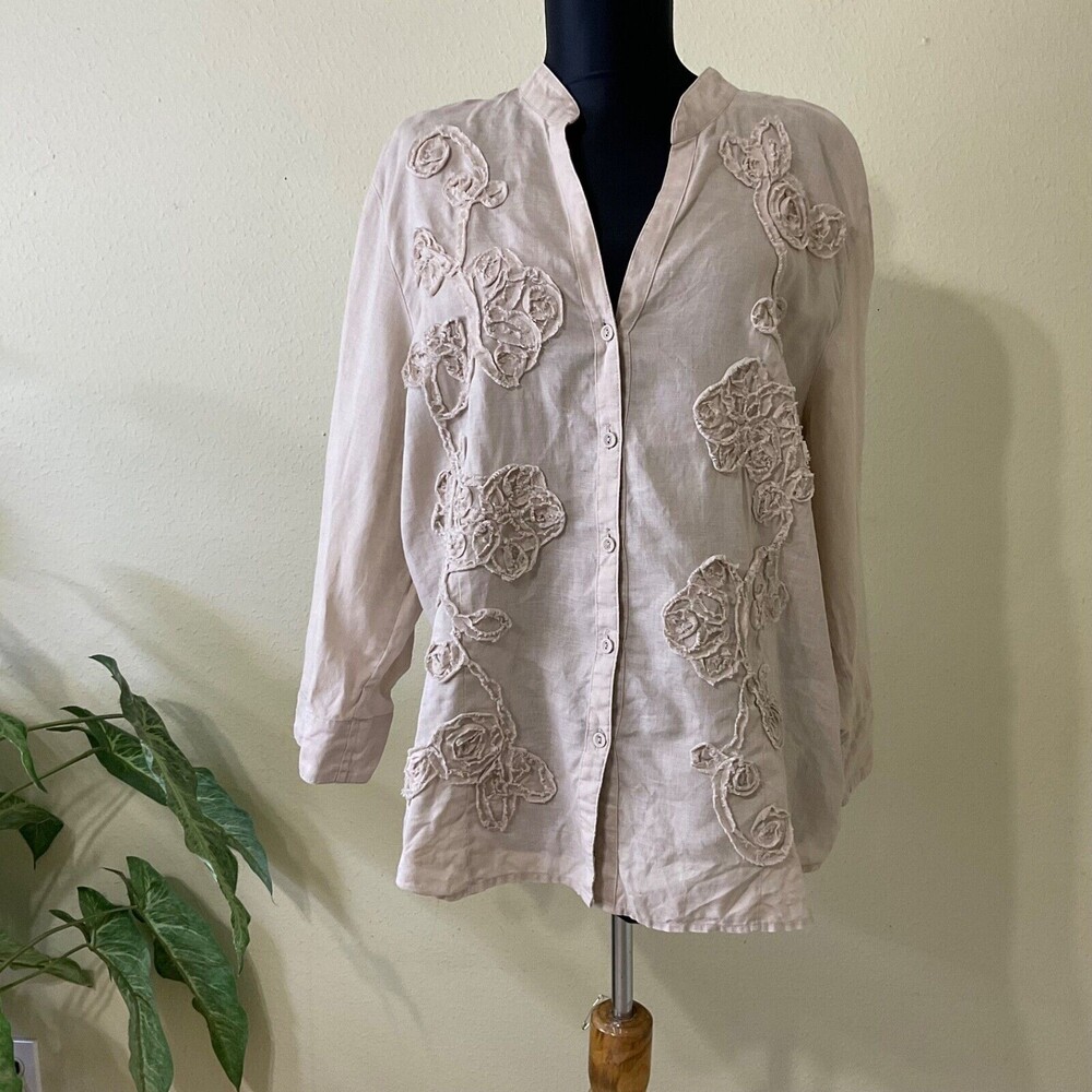 Charter Club Womens Linen 3/4 Sleeve Button Up Shacket blouse 3D Floral sz. 8